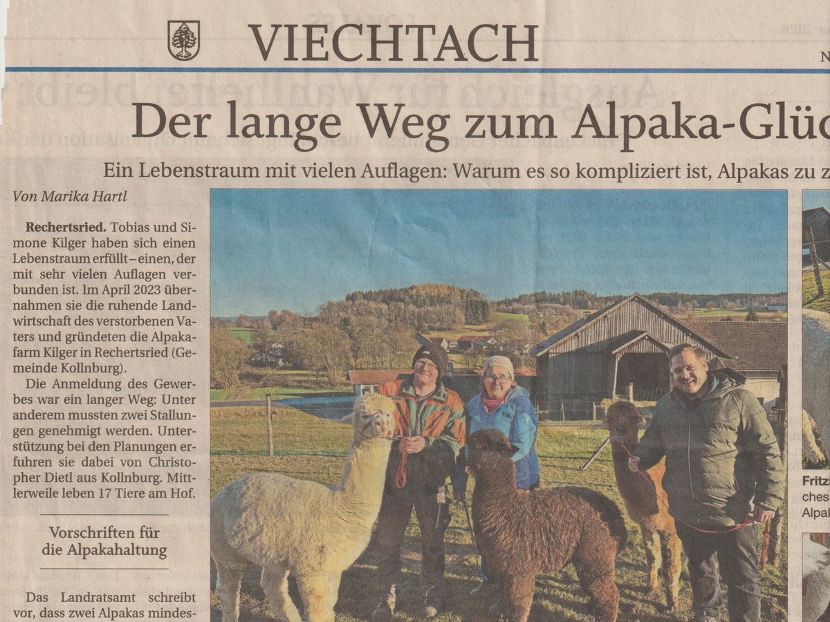 Zeitungsartikel &bdquo;Der lange Weg zum Alpaka-Gl&uuml;ck&ldquo; &uuml;ber die Alpaka Farm Kilger
